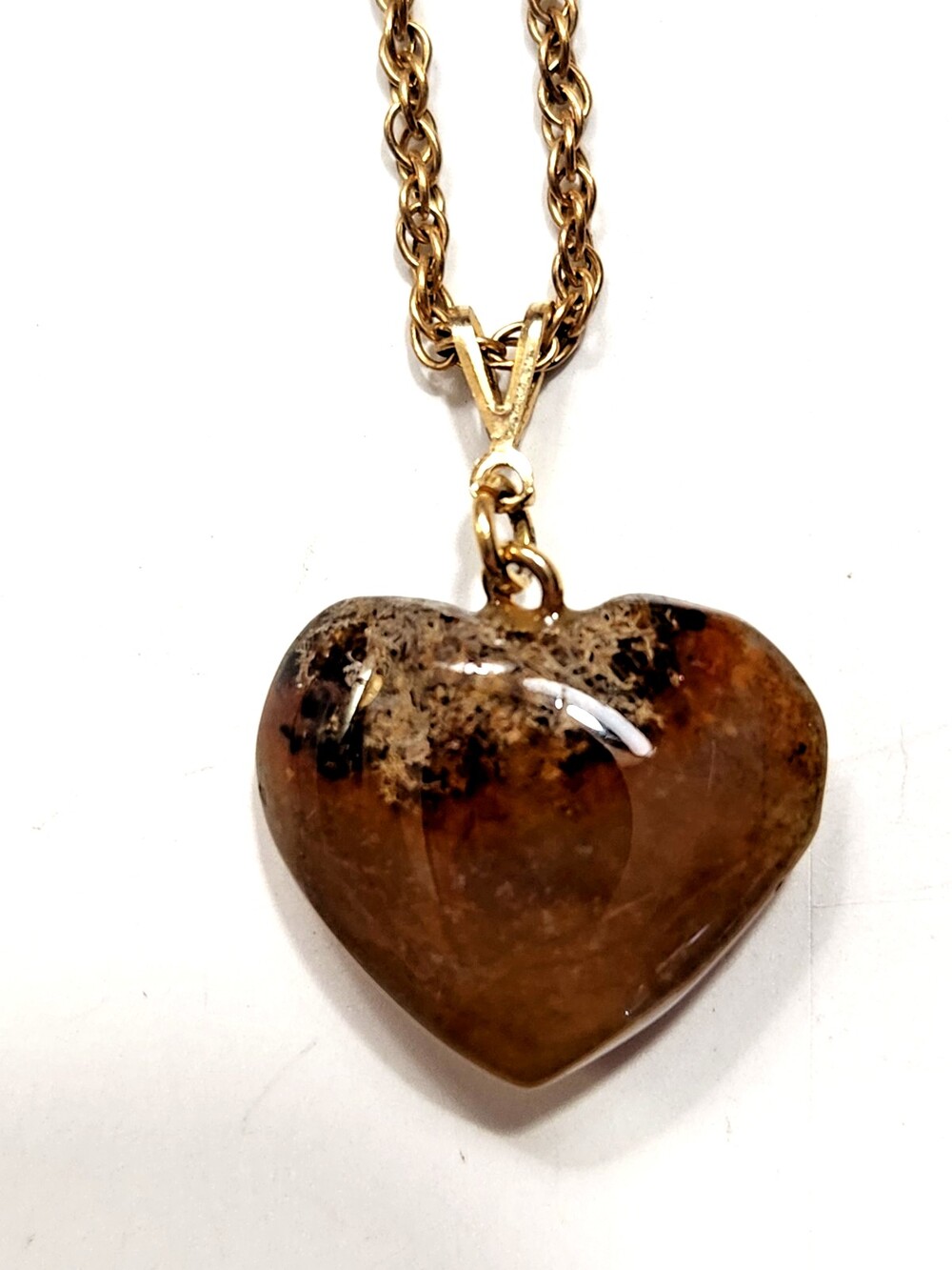 Vtg Dendritic Agate Heart Pendant Necklace Goldtone Rope Chain Earthtones Retro
